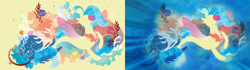 Size: 3840x1080 | Tagged: safe, artist:conniethecasanova, derpibooru import, edit, princess skystar, seapony (g4), my little pony: the movie, blue mane, bubble, coral, female, fin wings, fins, fish tail, flower, flower in hair, freckles, jewelry, lineless, necklace, ocean, open mouth, pearl necklace, seashell, seaweed, shelldon, shelly, silhouette, smiling, solo, swimming, tail, underwater, wallpaper, water, wings