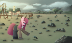 Size: 2048x1224 | Tagged: safe, artist:menalia, derpibooru import, pinkie pie, earth pony, pony, chromatic aberration, clothes, cloud, female, fence, house, mare, mountain, pants, pinkamena diane pie, rock, rock farm, sad, shirt, shoes, sweater, tree