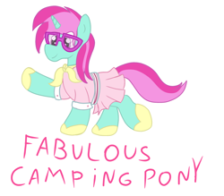 Size: 1600x1400 | Tagged: safe, artist:amateur-draw, derpibooru import, oc, oc:belle boue, pony, unicorn, camping outfit, clothes, crossdressing, fabulous, glasses, majestic as fuck, male, pinkd dress, simple background, solo, stallion, white background