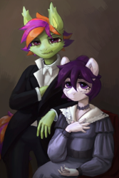 Size: 1154x1732 | Tagged: safe, artist:kotya, derpibooru import, oc, oc:frame gravity, oc:the doll, anthro, earth pony, 19th century, clothes, dress, suit
