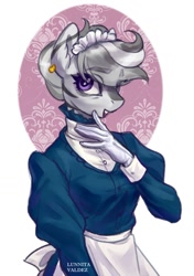 Size: 1247x1770 | Tagged: safe, artist:lunnitavaldez, derpibooru import, oc, oc only, anthro, zebra, abstract background, anthro oc, apron, clothes, ear piercing, eye clipping through hair, eyebrows, eyebrows visible through hair, female, fleur-de-lis (symbol), gloves, looking at you, maid, maid headdress, mare, piercing, purple eyes, solo, zebra oc