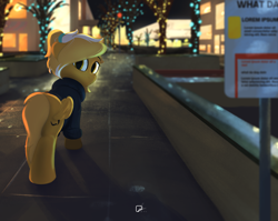 Size: 3400x2700 | Tagged: safe, artist:potato22, derpibooru import, oc, oc only, pegasus, pony, city, female, lights, looking at you, looking back, looking back at you, mare, solo, street