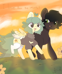 Size: 2019x2379 | Tagged: safe, artist:mushy, derpibooru import, oc, oc:pea, earth pony, pegasus, pony, big tail, clothes, cute, flower, freckles, grass, green eyes, green mane, happy, i love you, smiling, socks, spots, stockings, sunset, sweater, thigh highs, thigh socks