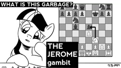 Size: 1200x675 | Tagged: safe, artist:pony-berserker, derpibooru import, jerome, twilight sparkle, pony-berserker's twitter sketches, chess, chessboard, monochrome, pawn