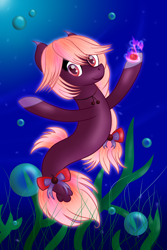 Size: 2000x3000 | Tagged: safe, artist:angelina-pax, derpibooru import, oc, oc only, earth pony, pony, seapony (g4), bubble, cherry, crepuscular rays, deviantart watermark, dorsal fin, eyelashes, fish tail, flowing tail, food, looking at you, obtrusive watermark, ocean, red mane, ribbon, seaponified, seaweed, smiling, solo, species swap, speedpaint, sunlight, tail, watermark