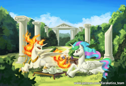 Size: 1600x1096 | Tagged: safe, artist:kirillk, derpibooru import, daybreaker, princess celestia, alicorn, pony, chained, collar, column, cup, eye contact, female, frown, looking at each other, lying down, mare, pillar, prone, self ponidox, smiling, teacup, teapot, unshorn fetlocks