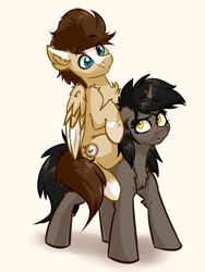 Size: 3000x4000 | Tagged: safe, artist:witchtaunter, derpibooru import, oc, oc:ivy, oc:skittle, pegasus, pony, unicorn, chest fluff, commission, ear fluff, ears, female, floppy ears, male, oc x oc, ponies riding ponies, riding, riding a pony, shipping, simple background, skivy, smiling, straight, unamused