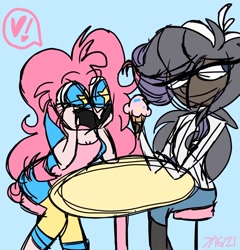 Size: 1228x1281 | Tagged: safe, artist:jazzyrazzy14, derpibooru import, pinkie pie, rarity, human, alternate hairstyle, blue background, clothes, dark skin, exclamation point, female, food, heart, humanized, ice cream, lesbian, open mouth, pants, raripie, shipping, shirt, shorts, simple background, starry eyes, stool, t-shirt, table, wingding eyes