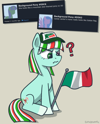 Size: 1500x1856 | Tagged: safe, artist:catachromatic, oc, oc only, oc:candy canter, earth pony, pony, coat markings, confused, derpibooru screenshot, earth pony oc, facial markings, flag, heterochromia, italian flag, mountain dew, question mark, simple background, sitting, socks (coat marking), solo, star (coat marking), tan background