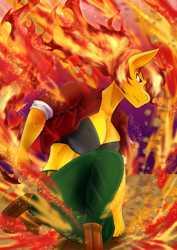 Size: 2480x3508 | Tagged: safe, artist:mantarwolf, oc, oc only, oc:red fire, anthro, unguligrade anthro, anthro oc, breasts, clothes, commission, digital art, elemental pony, female, fire, gift art, kneeling, mare, pants, ponytail, smiling, solo, ych result