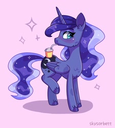 Size: 1843x2048 | Tagged: safe, artist:skysorbett, derpibooru import, princess luna, alicorn, pony, cheek fluff, chest fluff, cute, drink, drinking, ear fluff, ears, female, heart eyes, lunabetes, mare, pink background, profile, simple background, solo, straw, unshorn fetlocks, wingding eyes