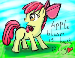 Size: 1296x1008 | Tagged: safe, artist:sonicmiku, derpibooru import, apple bloom, female, filly, heart, solo, text