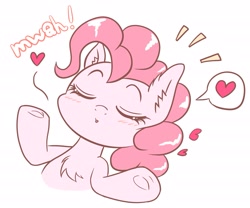 Size: 1901x1585 | Tagged: safe, artist:phoenixrk49, derpibooru import, pinkie pie, earth pony, pony, chest fluff, ear fluff, ears, eyes closed, female, frog (hoof), heart, hoofbutt, mare, mwah, pictogram, shrug, simple background, solo, underhoof, white background