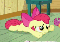 Size: 293x206 | Tagged: safe, derpibooru import, screencap, apple bloom, scootaloo, earth pony, pegasus, pony, ponyville confidential, season 2, animated, blinking, cropped, duo, duo female, female, filly, frown, loop, lying down, offscreen character, offscreen female, prone, sad, solo focus, sploot