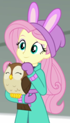 Size: 362x635 | Tagged: safe, derpibooru import, screencap, fluttershy, bird, owl, equestria girls, equestria girls series, holidays unwrapped, spoiler:eqg series (season 2), cropped, cute, daaaaaaaaaaaw, shyabetes, winter break-in