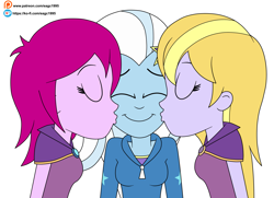 Size: 2527x1825 | Tagged: safe, artist:eagc7, derpibooru import, fuchsia blush, lavender lace, trixie, equestria girls, clothes, commission, female, kiss on the cheek, kiss sandwich, kissing, ko-fi, lesbian, ot3, polyamory, shipping, simple background, trixie gets all the mares