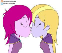 Size: 2148x1825 | Tagged: safe, alternate version, artist:eagc7, derpibooru import, fuchsia blush, lavender lace, equestria girls, clothes, female, kissing, ko-fi, lesbian, shipping, simple background