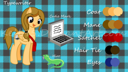 Size: 1920x1080 | Tagged: safe, artist:kell95, derpibooru import, oc, oc:typewriter, oc:zee dee, gekko, pegasus, cutie mark, female, looking down, mare, pegasus oc, reference, solo