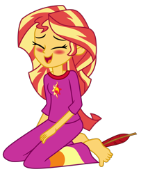 Size: 4944x6096 | Tagged: safe, artist:emeraldblast63, derpibooru import, sunset shimmer, equestria girls, barefoot, blushing, clothes, cute, feather, feet, fetish, pajamas, shimmerbetes, simple background, solo, tickle fetish, tickling, transparent background