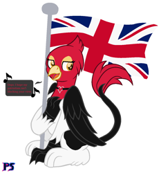 Size: 1184x1268 | Tagged: safe, artist:phoenixperegrine, derpibooru import, oc, oc:genette, griffon, british flag, female, simple background, solo, white background