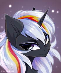 Size: 4000x4802 | Tagged: safe, artist:xsatanielx, derpibooru import, oc, oc only, oc:velvet remedy, pony, unicorn, fallout equestria, absurd resolution, bust, chest fluff, ear fluff, ears, female, gradient background, horn, looking at you, mare, portrait, signature, smiling, smiling at you, solo
