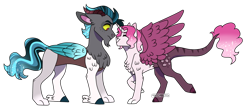 Size: 2732x1197 | Tagged: safe, artist:artistcoolpony, artist:moccabliss, derpibooru import, oc, oc only, oc:cinder, oc:mystery, draconequus, hybrid, brother and sister, female, interdimensional siblings, interspecies offspring, male, offspring, parent:discord, parent:princess celestia, parents:dislestia, siblings, simple background, transparent background