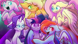 Size: 1920x1080 | Tagged: safe, artist:cookiesmolbean, derpibooru import, applejack, fluttershy, pinkie pie, rainbow dash, rarity, twilight sparkle, twilight sparkle (alicorn), alicorn, earth pony, pegasus, pony, unicorn, female, glowing eyes, group, hug, mane six, mare, straw in mouth, unshorn fetlocks, winghug, wings