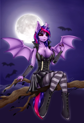 Size: 1080x1570 | Tagged: safe, artist:shamziwhite, derpibooru import, oc, oc:violet rose ze vampony, alicorn, anthro, bat pony, bat pony alicorn, pony, apple, bat ears, bat pony oc, bat wings, big breasts, boots, bow, breasts, cleavage, clothes, corset, ear fluff, ears, evening gloves, fangs, female, food, gloves, goth, horn, latex, lipstick, long gloves, looking at you, multicolored hair, multicolored tail, night, not twilight sparkle, pleated skirt, red eyes, red lipstick, sitting, skirt, smiling, socks, solo, stockings, striped socks, thigh highs, wings