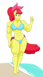 Size: 1529x2693 | Tagged: safe, artist:matchstickman, derpibooru import, apple bloom, anthro, earth pony, plantigrade anthro, abs, apple bloom's bow, apple bloomed, apple brawn, beach, biceps, bikini, bodybuilder, both cutie marks, bow, breasts, clothes, cutie mark, deltoids, female, hair bow, looking at you, mare, matchstickman's apple brawn series, muscles, no dialogue, older, older apple bloom, peace sign, pecs, simple background, solo, swimsuit, the cmc's cutie marks, thighs, thunder thighs, tumblr comic, tumblr:where the apple blossoms, white background