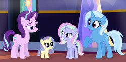 Size: 3132x1544 | Tagged: safe, artist:sunset'stime, derpibooru import, starlight glimmer, trixie, oc, oc:cosmic star, oc:radiant blaze, pony, unicorn, adopted daughter, adopted offspring, base used, family, family photo, female, filly, lesbian, magical lesbian spawn, mare, next generation, nextgen:sunverse, offspring, older, older starlight glimmer, older trixie, original character do not steal, parent:starlight glimmer, parent:trixie, parents:startrix, shipping, startrix, twilight's castle