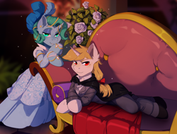 Size: 1578x1200 | Tagged: safe, artist:hakkids2, derpibooru import, oc, oc only, oc:clear diamond, oc:regal inkwell, unicorn, aristocrat, cape, clothes, dress, duo, fainting couch, female, husband and wife, male, married couple, nobility, smug, straight, suit