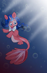 Size: 1280x1979 | Tagged: safe, artist:artistichooves, derpibooru import, oc, oc only, pony, seapony (g4), unicorn, blue eyes, blue mane, bubble, crepuscular rays, dorsal fin, fish tail, flowing mane, flowing tail, horn, ocean, seaponified, solo, species swap, sunlight, tail, underwater, water