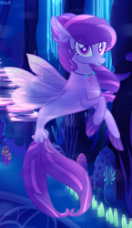 Size: 1021x1762 | Tagged: safe, artist:rosyh9, derpibooru import, oc, oc only, seapony (g4), base used, coral, dorsal fin, female, fin wings, fins, flowing mane, flowing tail, jewelry, necklace, ocean, purple eyes, seaquestria, smiling, solo, tail, underwater, water, wings