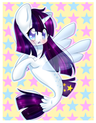 Size: 2162x2773 | Tagged: safe, artist:twily-star, derpibooru import, oc, oc only, alicorn, pony, seapony (g4), blue eyes, blushing, clothes, deviantart watermark, dorsal fin, female, fin wings, fish tail, horn, obtrusive watermark, open mouth, purple mane, seaponified, see-through, solo, species swap, tail, watermark, wingding eyes, wings