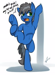 Size: 1912x2608 | Tagged: safe, artist:buckweiser, derpibooru import, oc, oc only, oc:buckminster, earth pony, pony, annoyed look, bipedal, bipedal leaning, holding leg, i pose, leaning, leaning on wall, male, pain, pose, stallion, standing, standing on one leg