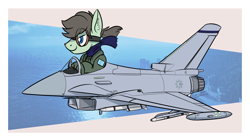 Size: 1230x684 | Tagged: safe, artist:buckweiser, derpibooru import, oc, oc only, oc:paradox, birthday gift, clothes, eurofighter typhoon, male, pilot, scarf, stallion