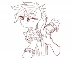 Size: 2048x1707 | Tagged: safe, artist:nozukz, derpibooru import, rarity, pony, unicorn, alternate hairstyle, clothes, female, jacket, mare, monochrome, punk, raripunk, smiling, solo, spiked wristband, wristband