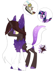 Size: 2562x3323 | Tagged: safe, artist:lilywolfpie-yt, derpibooru import, discord, twilight sparkle, twilight sparkle (alicorn), oc, alicorn, hybrid, interspecies offspring, offspring, parent:discord, parent:twilight sparkle, parents:discolight, simple background, transparent background, two toned wings, wings