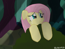 Size: 4032x3024 | Tagged: safe, artist:lordshrekzilla20, derpibooru import, fluttershy, pegasus, pony, fanfic:godzilla, bush, crying, everfree forest, fanfic art, hiding, scared, tears of fear, watching