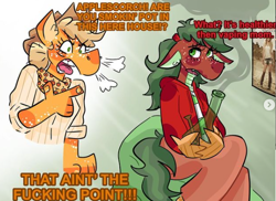 Size: 584x424 | Tagged: artist needed, source needed, safe, derpibooru import, applejack, oc, oc:apple scorch, anthro, dracony, hybrid, bong, drugs, duo, female, interspecies offspring, marijuana, mother and child, mother and daughter, offspring, parent and child, parent:applejack, parent:spike, parents:applespike, redraw, smoking, vulgar