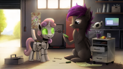 Size: 4096x2304 | Tagged: safe, artist:magfen, derpibooru import, sweetie belle, sweetie bot, oc, bat pony, pony, robot, unicorn, bat pony oc, circuit board, computer, screwdriver, toolbox, wrench