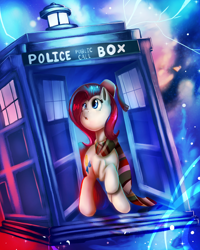 Size: 2000x2500 | Tagged: safe, artist:underdog234, derpibooru import, oc, pegasus, clothes, doctor who, fez, fourth doctor's scarf, hat, police pubic call box, scarf, solo, space