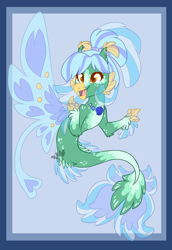 Size: 1258x1828 | Tagged: safe, artist:sapphirescarletta, derpibooru import, oc, oc only, classical hippogriff, hippogriff, hybrid, seapony (g4), blue background, blue mane, claws, dorsal fin, female, fin wings, fins, fish tail, golden eyes, open mouth, open smile, seashell necklace, simple background, smiling, solo, tail, wings