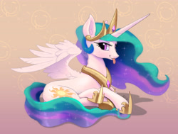 Size: 4263x3228 | Tagged: safe, artist:xbi, derpibooru import, princess celestia, alicorn, pony, :p, abstract background, crown, cute, cutelestia, female, hoof shoes, jewelry, lying down, mare, peytral, prone, regalia, smiling, solo, spread wings, tongue, tongue out, wings