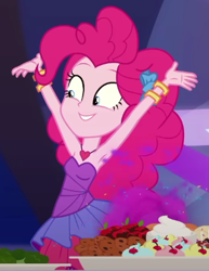 Size: 342x442 | Tagged: safe, derpibooru import, screencap, pinkie pie, equestria girls, equestria girls series, twilight under the stars, spoiler:eqg series (season 2), armpits, bare shoulders, bracelet, clothes, cropped, cute, dress, heart necklace, jewelry, rah rah skirt, sleeveless, solo, strapless
