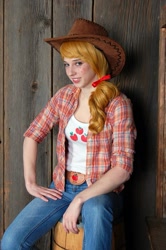 Size: 637x960 | Tagged: safe, artist:atemismooncosplay, derpibooru import, applejack, human, clothes, cosplay, costume, cowboy hat, freckles, hat, irl, irl human, jeans, pants, photo, sitting