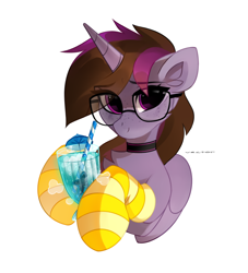 Size: 2000x2200 | Tagged: safe, artist:zlatavector, derpibooru import, oc, oc only, alicorn, pony, bust, choker, clothes, cocktail, female, glasses, mare, portrait, simple background, socks, solo, striped socks, white background