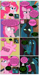 Size: 868x1638 | Tagged: safe, artist:dziadek1990, derpibooru import, edit, edited screencap, screencap, pinkie pie, queen chrysalis, rainbow dash, changeling, changeling queen, earth pony, pegasus, pony, a trivial pursuit, the mean 6, too many pinkie pies, alternate universe, comic, conversation, dialogue, female, polish, requested art, screencap comic, text, translation