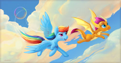 Size: 1920x997 | Tagged: safe, artist:viwrastupr, derpibooru import, rainbow dash, smolder, dragon, pegasus, pony, cloud, commission, dragoness, female, flight trail, flying, mare, motion lines, open mouth, sky, sonic rainboom, spread wings, unshorn fetlocks, wings