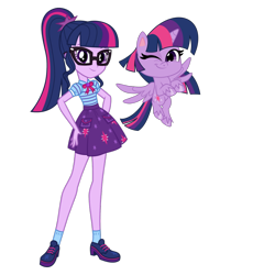 Size: 1024x1024 | Tagged: safe, artist:emeraldblast63, artist:twilirity, derpibooru import, sci-twi, twilight sparkle, twilight sparkle (alicorn), alicorn, human, pony, better together, equestria girls, my little pony: pony life, clothes, duo, duo female, female, flying, glasses, one eye closed, self ponidox, simple background, transparent background, twolight, vector, wink